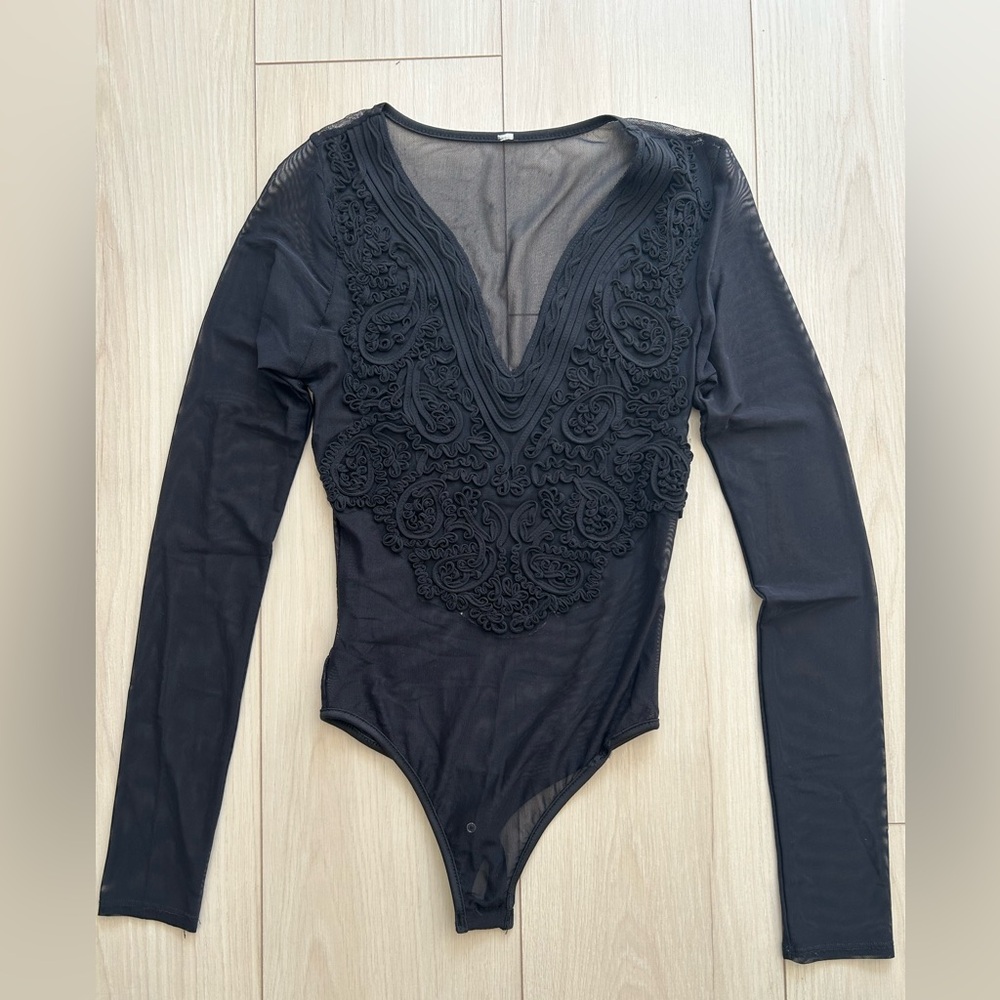 Black Sheer Embroidered V-Neck Bodysuit